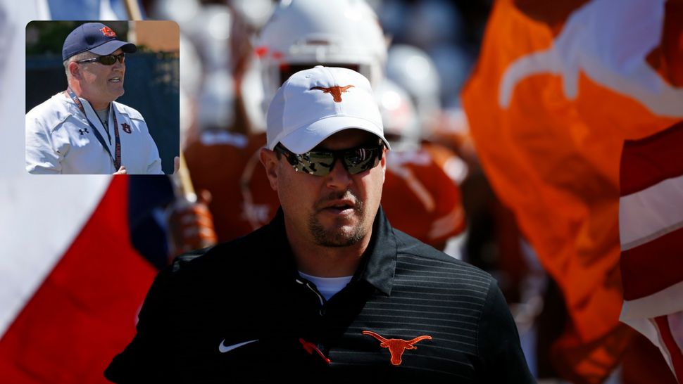 Texas head coach Tom Herman walks the field before playing Oklahoma in an NCAA college football game Saturday, Oct. 14, 2017, in Dallas. (AP Photo/Ron Jenkins). Smaller photo, Herb Hand. (Photo/Twitter)