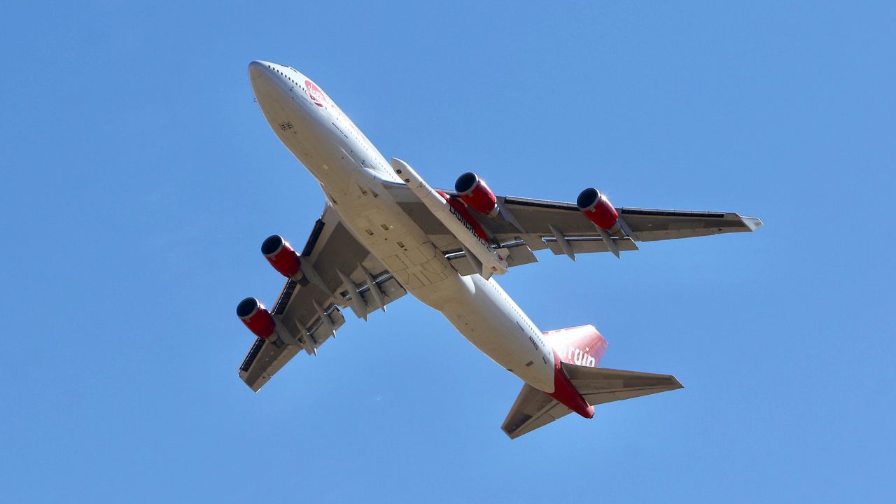 Virgin Orbit Boeing 747-400 rocket launch platform, named Cosmic Girl, takes off from Mojave Air and Space Port, Mojave (MHV) on its second orbital launch demonstration in the Mojave Desert, north of L.A. (AP/Matt Hartman)