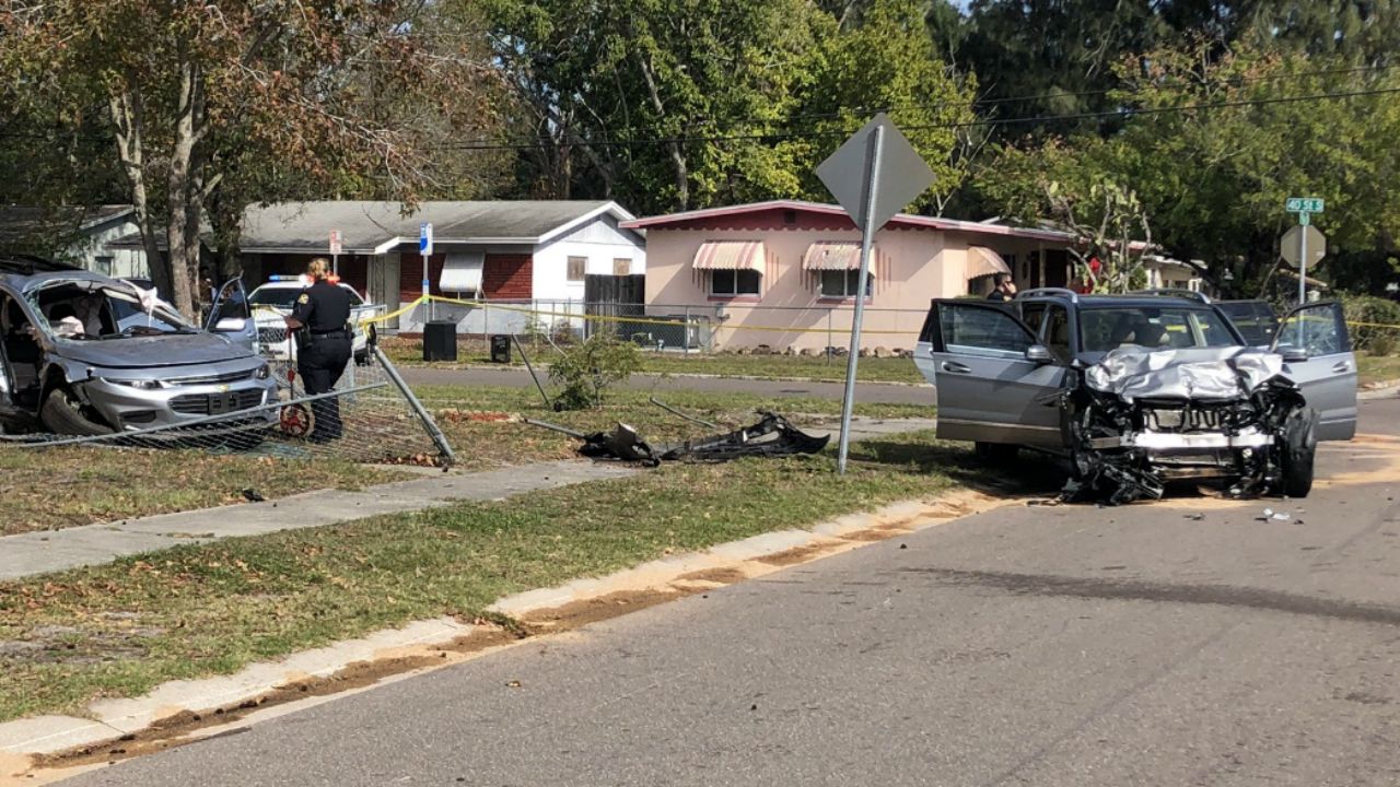 According to investigators, the driver of a stolen Mercedes crashed into a Malibu and almost sent it into a home. (Trevor Pettiford/Spectrum Bay News 9)