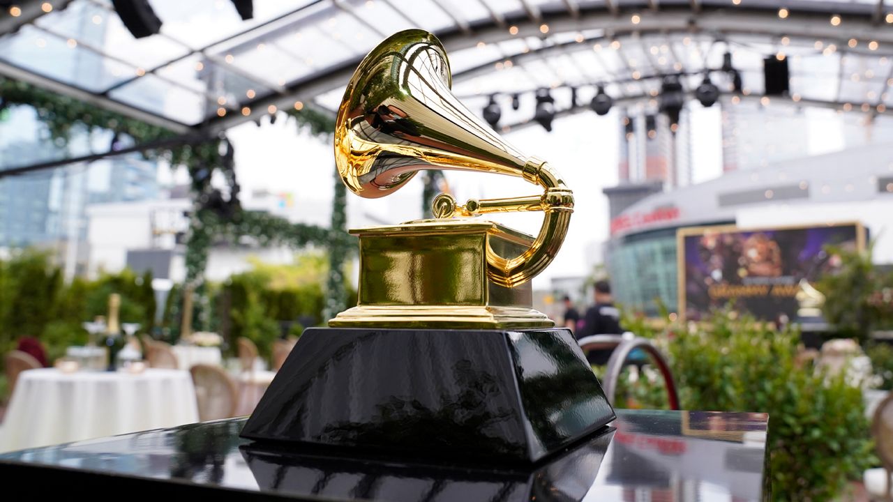 A decorative grammy is seen before the start of the 63rd annual Grammy Awards at the Los Angeles Convention Center on March 14, 2021. (AP Photo/Chris Pizzello, File)