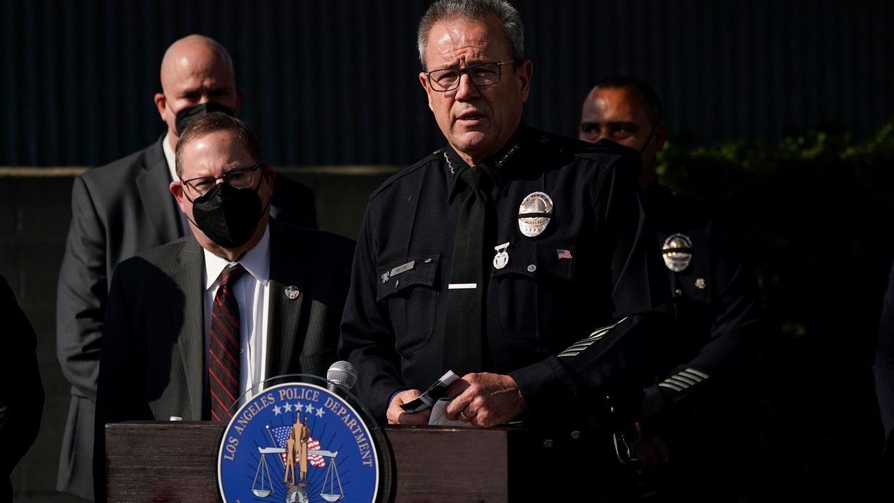 Los Angeles Police Department Chief Michel Moore speaks at a news conference about Brianna Kupfer, Tuesday, Jan. 18, 2022, in Los Angeles. (AP Photo/Ashley Landis)