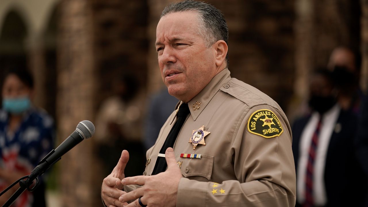 Los Angeles County Sheriff Alex Villanueva speaks during a news conference in LA, Sept. 10, 2020. (AP Photo/Jae C. Hong)