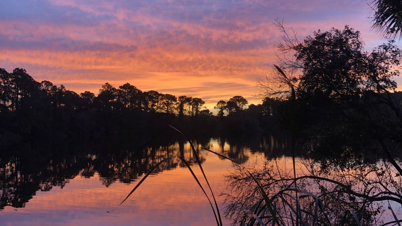 Sent to us with the Spectrum News 13 app: The sun paints the sky a vivid purple and orange Sunday morning over New Smyrna Beach. (Christina Schwalbendorf/viewer)