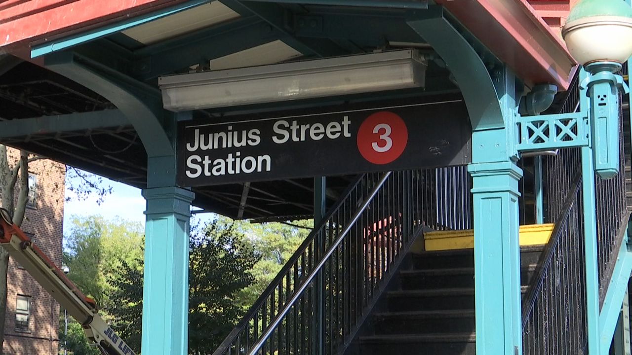 A black sign with white text affixed to an awning for the Junius Street station on the 3 line in Brooklyn.