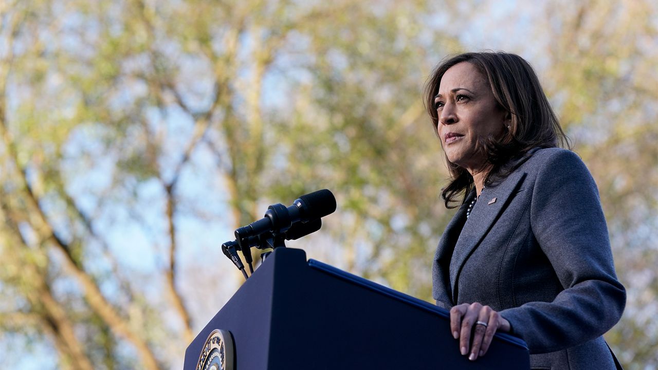 Vice President Kamala Harris speaks in support of changing the Senate filibuster rules to ensure the right to vote is defended, at Atlanta University Center Consortium, on the grounds of Morehouse College and Clark Atlanta University, Tuesday, Jan. 11, 2022, in Atlanta. (AP Photo/Patrick Semansky)