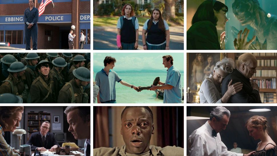 The Best Picture nominees are, top row, left to right, "Three Billboards Outside of Ebbing, Missouri," "Lady Bird," "Shape of Water." Second row, "Dunkirk," "Call Me By Your Name," "Darkest Hour." Third row, "The Post," "Get Out," "Phantom Thread."