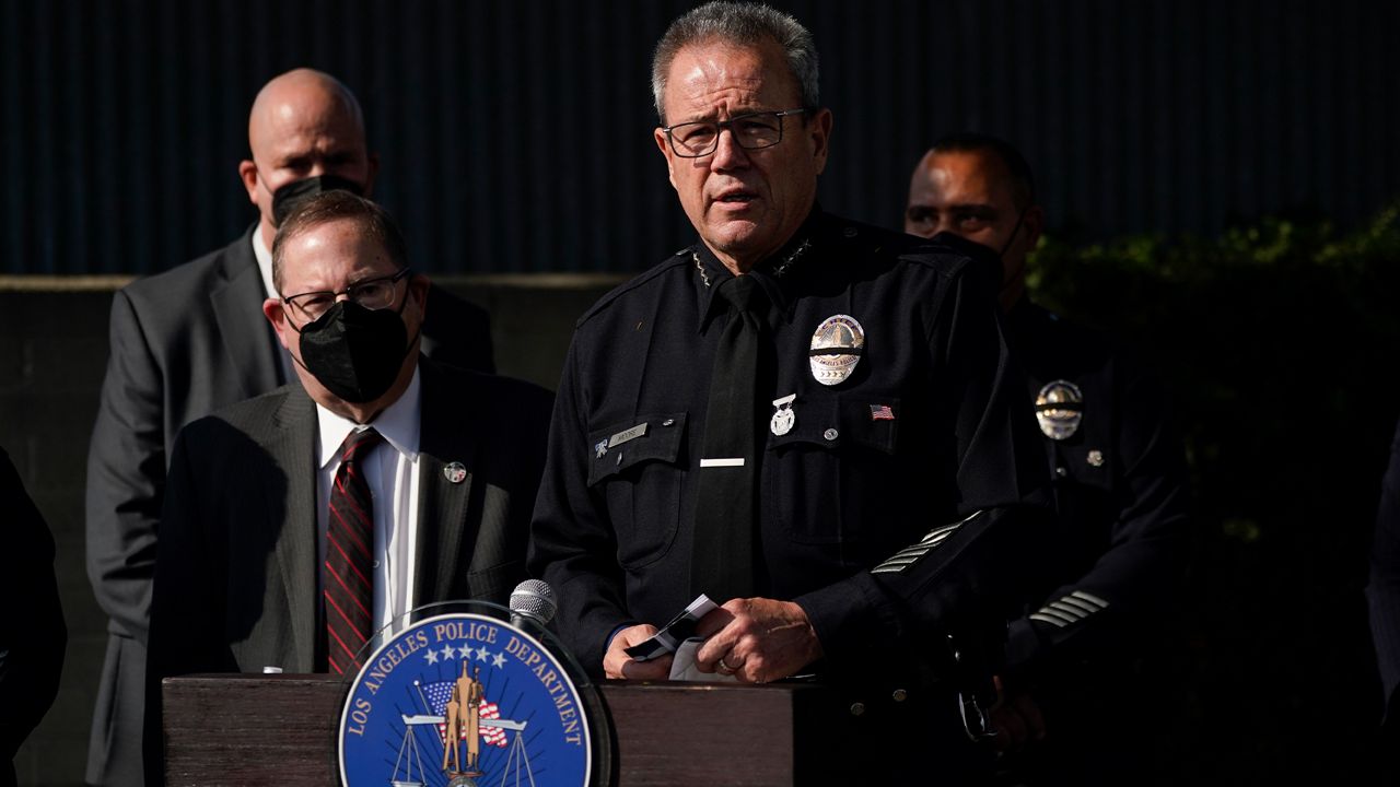 Los Angeles Police Department Chief Michel Moore speaks at a news conference about Brianna Kupfer, Jan. 18, 2022, in LA.  (AP Photo/Ashley Landis)