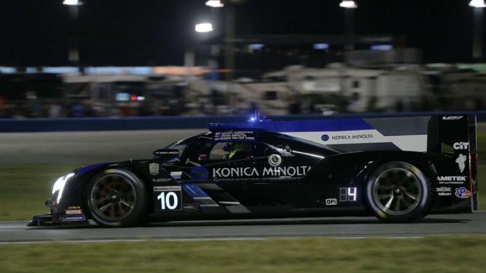 Konica Minolta Cadillac DPi-V.R driver Renger van der Zande competes on the track during the Rolex 24-hour auto race at Daytona International Speedway, Saturday, Jan. 25, 2020, in Daytona Beach, Fla. (AP Photo/Terry Renna)