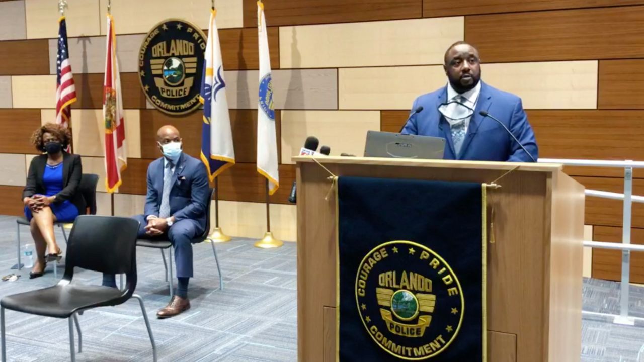 Cliff Long, CEO of the Orlando Regional Realtor Association, speaks at Wednesday's news conference at the Orlando Police Department. (Screen capture from OPD video)