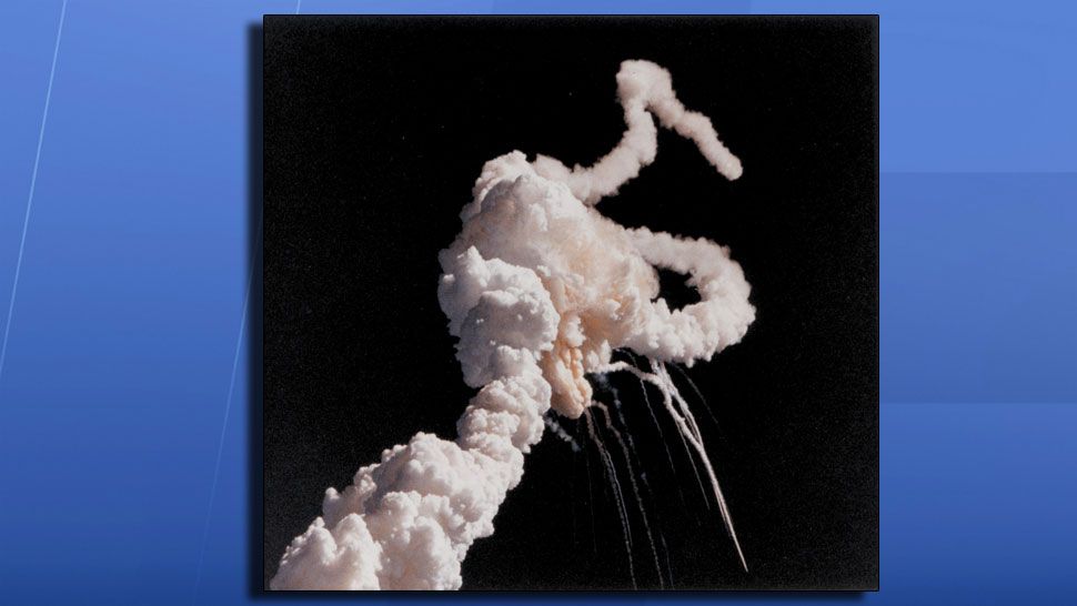 73 seconds into launch, Space Shuttle Challenger breaks up, killing the seven-person crew. (NASA)
