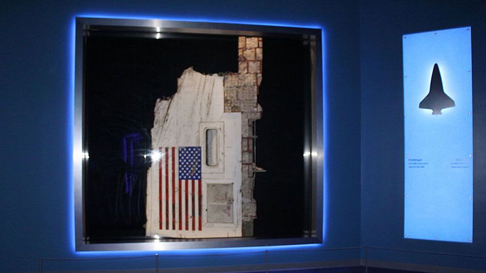 A piece of Challenger's fuselage at the Forever Remembered Exhibit at Kennedy Space Center.