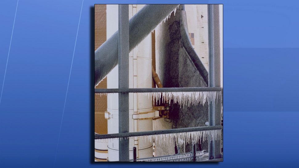 Icicles form on the launch pad at Kennedy Space Center the morning of January 28, 1986. (NASA)