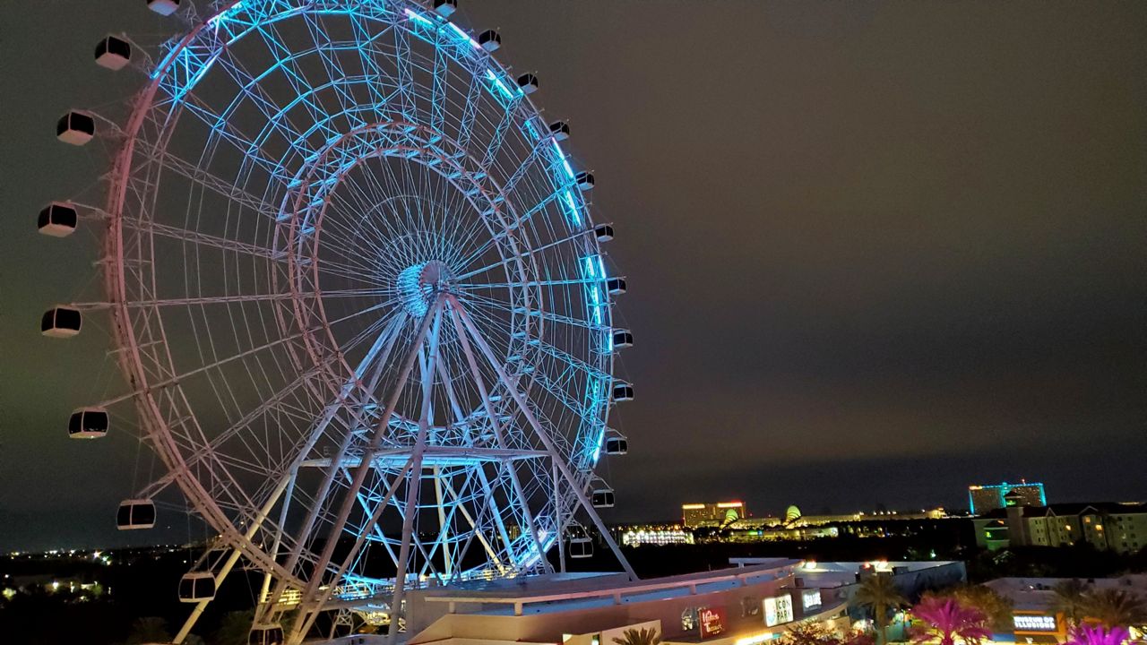 Light testing on The Wheel at ICON Park during closure on Saturday, Jan. 28, 2023. (Spectrum News/Ashley Carter)