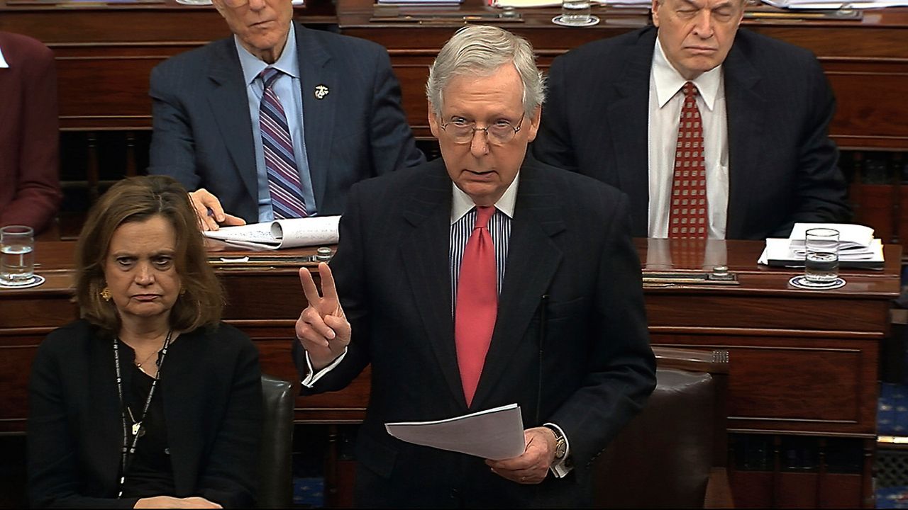 In this image from video, Senate Majority Leader Mitch McConnell, R-Ky., speaks during the impeachment trial against President Donald Trump in the Senate at the U.S. Capitol in Washington, Tuesday, Jan. 28, 2020. (Senate Television via AP)