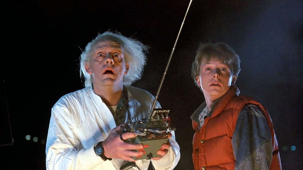 Christopher Lloyd (left) and Michael J. Fox in a scene from "Back to the Future." (Courtesy of Universal Pictures)