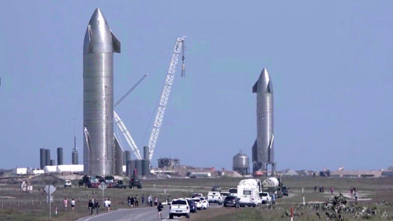 SpaceX CEO Elon Musk tweeted this photo Friday of "Starship SN9 & SN10." They're prototypes of the company's next-generation rockets that it hopes will head to the space station, moon, and Mars. (Twitter.com/elonmusk)