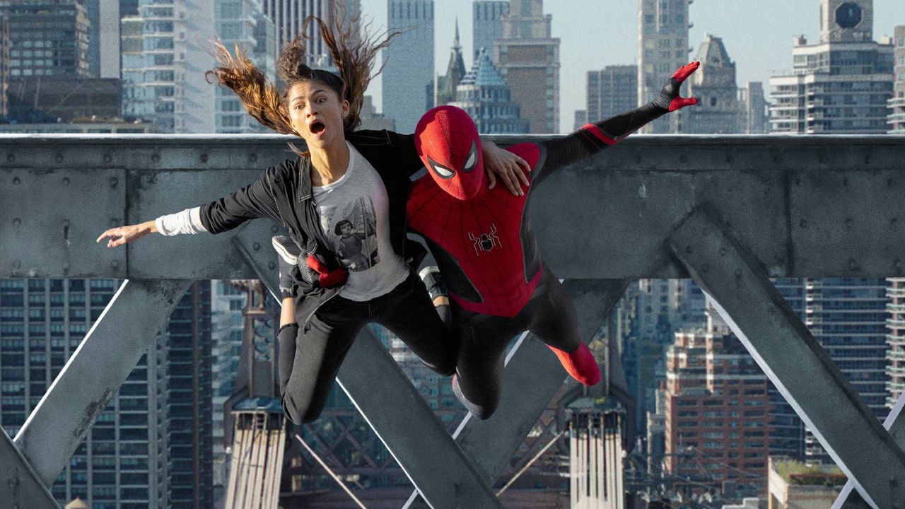 This image released by Sony Pictures shows Zendaya, left, and Tom Holland in Columbia Pictures' "Spider-Man: No Way Home." (Sony Pictures via AP)