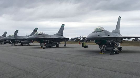 A row of F-16s at Patrick Air Force Base, which is hosting out-of-town pilots for training over the next few weeks. (Greg Pallone/Spectrum News)