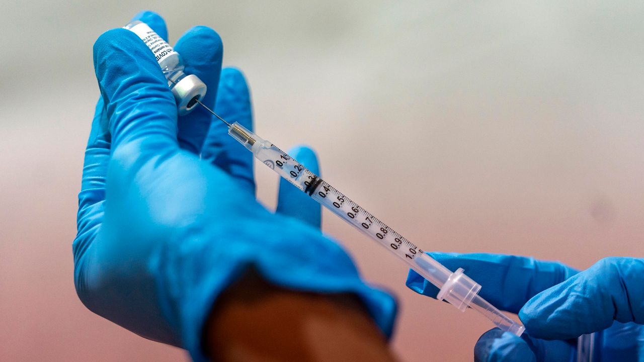 A pharmacist fills a syringe with the Pfizer-BioNTech COVID-19 Vaccine. (AP Photo/Mary Altaffer, File)