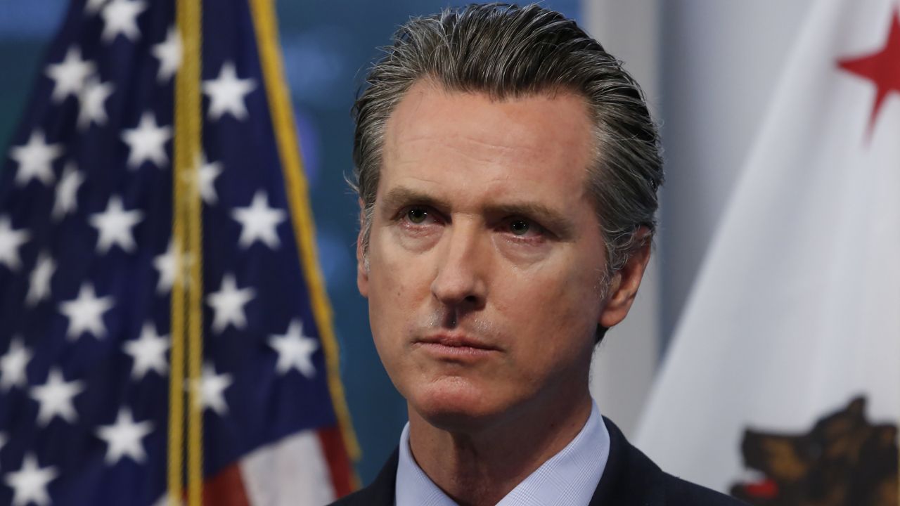 California Gov. Gavin Newsom listens to a reporter's question during his daily news briefing in Rancho Cordova, Calif. on April 9, 2020. (AP Photo/Rich Pedroncelli)