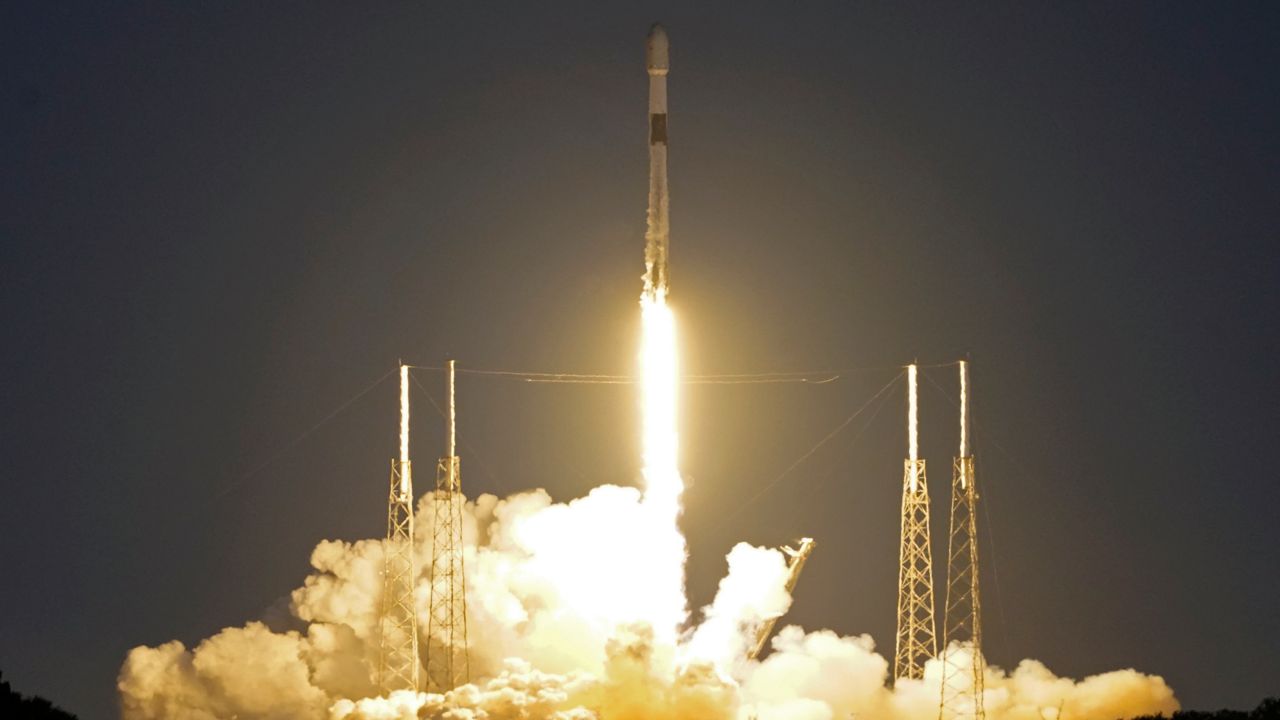 A SpaceX Falcon 9 rocket carrying an Italian radar remote sensing satellite lifts off from pad 41 at the Cape Canaveral Space Force Station in Cape Canaveral, Fla., Monday, Jan. 31, 2022. (AP Photo/John Raoux)