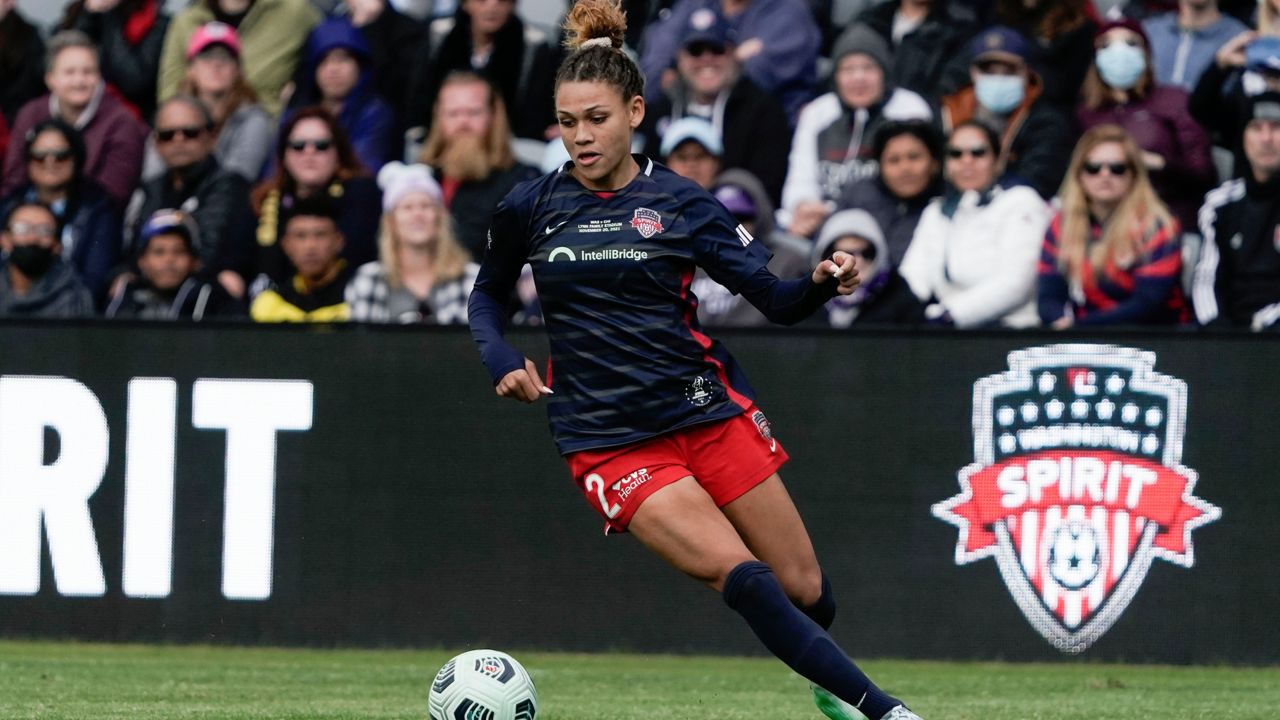 Washington Spirit forward Trinity Rodman (2) plays during the second half of the NWSL Championship soccer match against Chicago Red Stars Saturday, Nov. 20, 2021, in Louisville, Kentucky. (AP Photo/Jeff Dean)