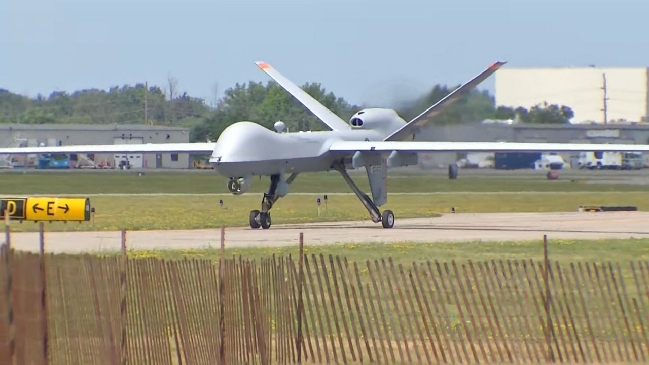 A MQ-9 Reaper drone at the Hancock Field Air National Guard Base in Syracuse, N.Y. on July 30, 2024. (Spectrum News/Todd Krupa)