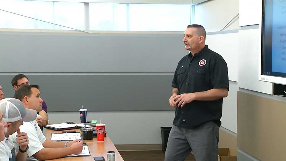 Veteran Illinois firefighter Tom Howard conducts peer support training with Lakeland firefighters and first responders, Monday, January 14, 2019. (Rick Elmhorst/Spectrum Bay News 9)