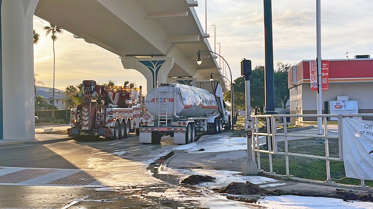 The tanker overturned on Westshore Boulevard at Gandy Boulevard in Tampa on Tuesday, Feb. 01. (Tampa Fire Rescue)