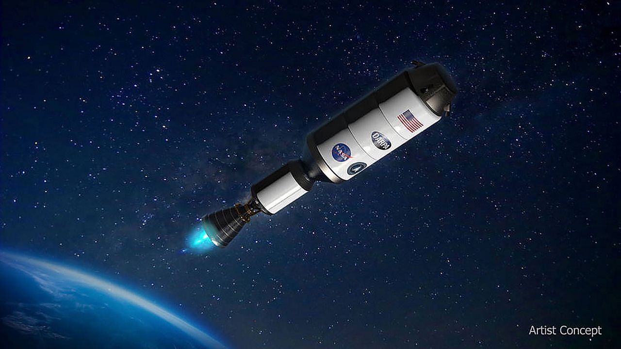 "Artist concept of Demonstration for Rocket to Agile Cislunar Operations (DRACO) spacecraft, which will demonstrate a nuclear thermal rocket engine. Nuclear thermal propulsion technology could be used for future NASA crewed missions to Mars," DARPA stated. (DARPA)