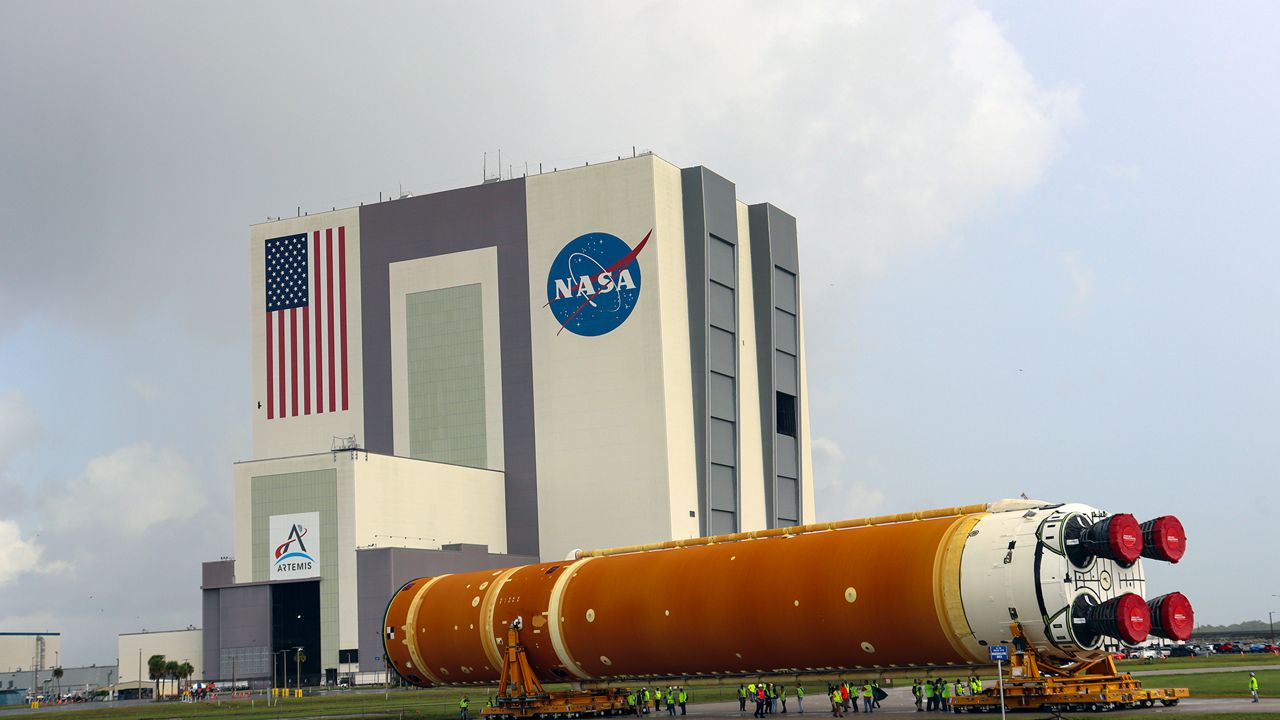 The Artemis II rocket’s core stage that will help carry four astronauts to orbit the moon — the first time in more than 50 years humans visited Earth’s lunar sister — arrived at NASA’s Kennedy Space Center on July 2024. (Spectrum News file photo/Anthony Leone)