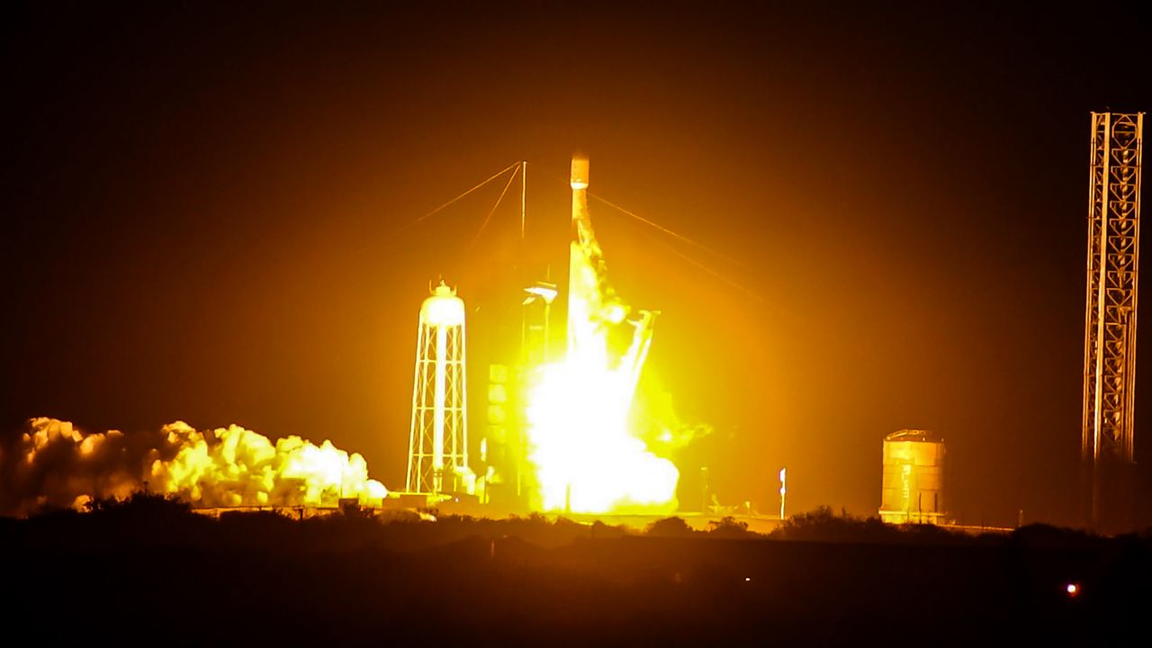 SpaceX's Falcon 9 rocket sent Intuitive Machines’ Nova-C lunar lander to the moon as they left Launch Complex 39A at Kennedy Space Center on Thursday, Feb. 15, 2024. (Spectrum News/Anthony Leone)