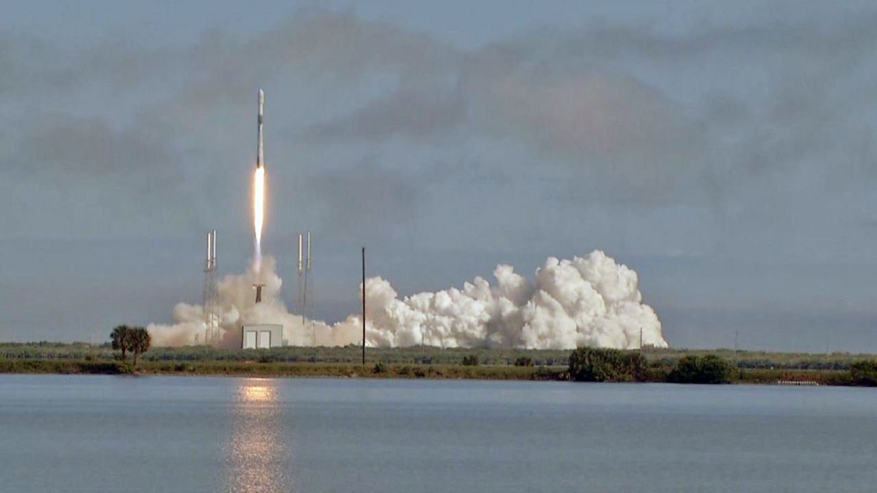 A SpaceX Falcon 9 rocket lifts off from Cape Canaveral Air Force Station on Monday, carrying the latest batch of the company's Starlink satellites. (Jon Shaban/Spectrum News)