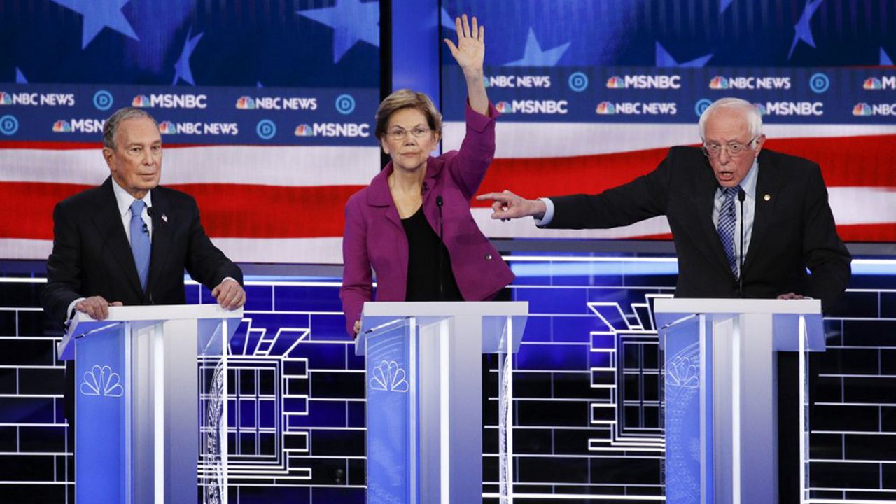 From left, Democratic presidential candidates, former New York City Mayor Mike Bloomberg, Sen. Elizabeth Warren, D-Mass., Sen. Bernie Sanders, I-Vt., participate in a Democratic presidential primary debate Wednesday, Feb. 19, 2020, in Las Vegas, hosted by NBC News and MSNBC. (AP Photo/John Locher)