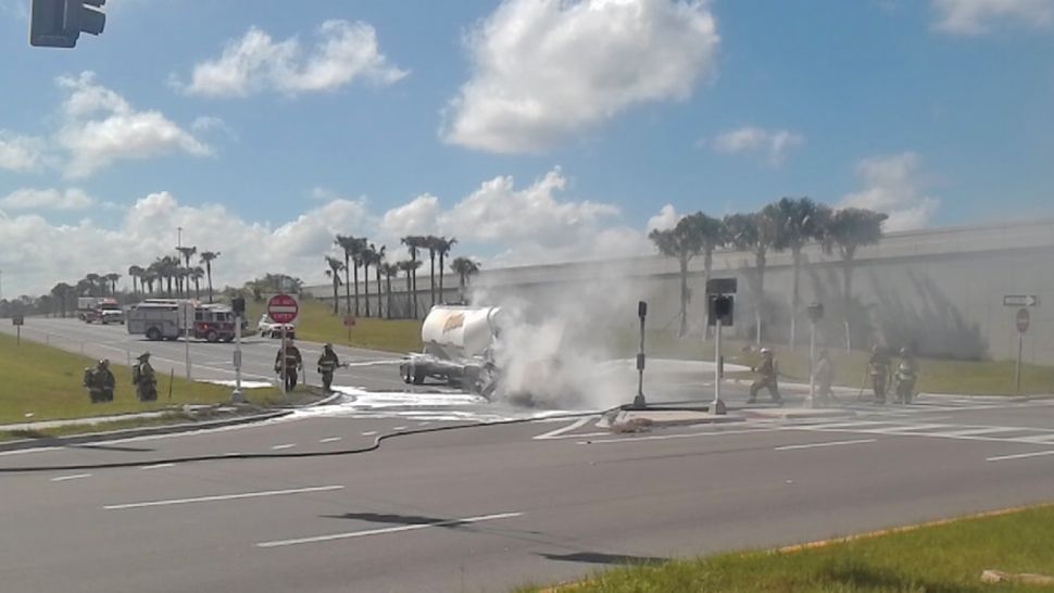 A tanker caught fire on Interstate 275 in Pasco County on Saturday, February 23, 2019. (Florida Highway Patrol)