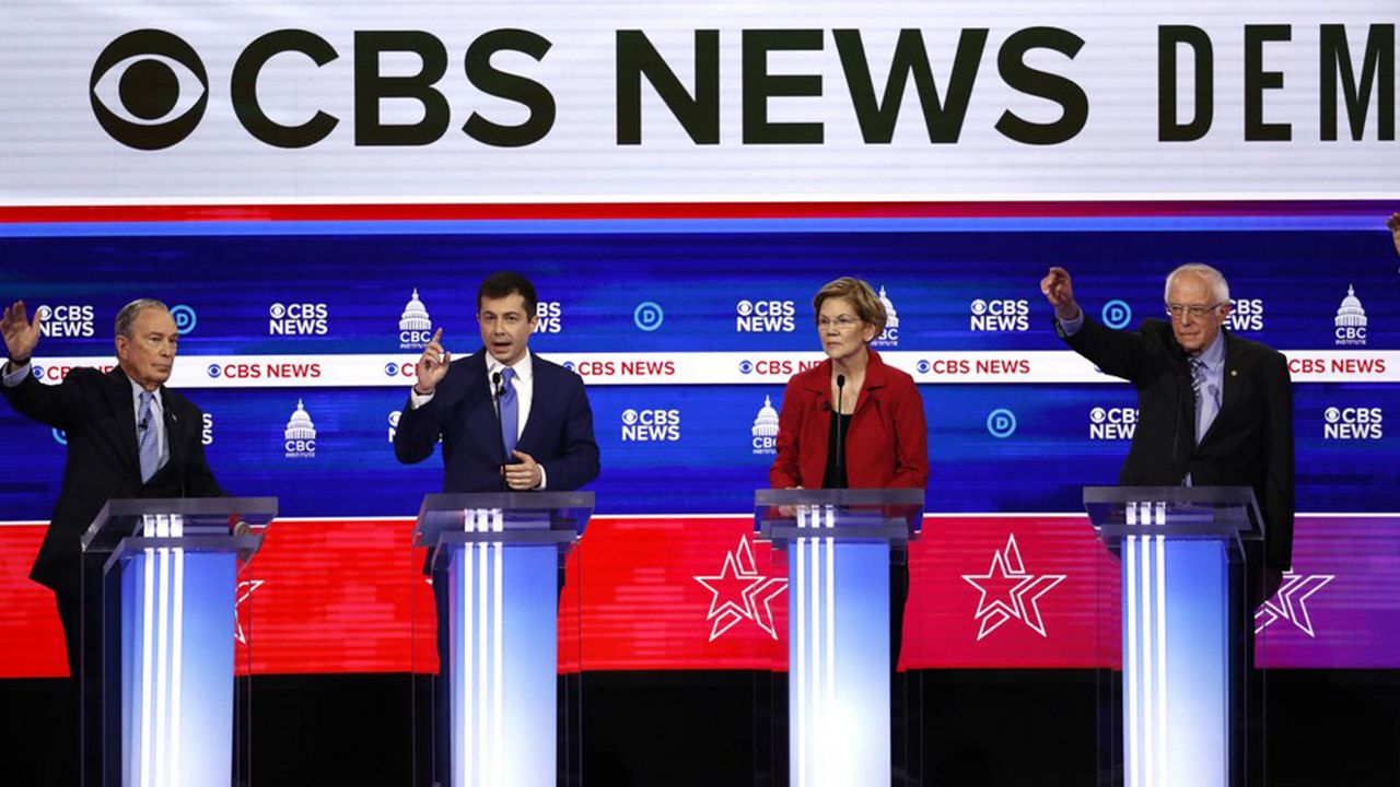 From left, Democratic presidential candidates, former New York City Mayor Mike Bloomberg, former South Bend Mayor Pete Buttigieg, Sen. Elizabeth Warren, D-Mass., and Sen. Bernie Sanders, I-Vt., participate in a Democratic presidential primary debate at the Gaillard Center, Tuesday, Feb. 25, 2020, in Charleston, S.C., co-hosted by CBS News and the Congressional Black Caucus Institute. (AP Photo/Patrick Semansky)