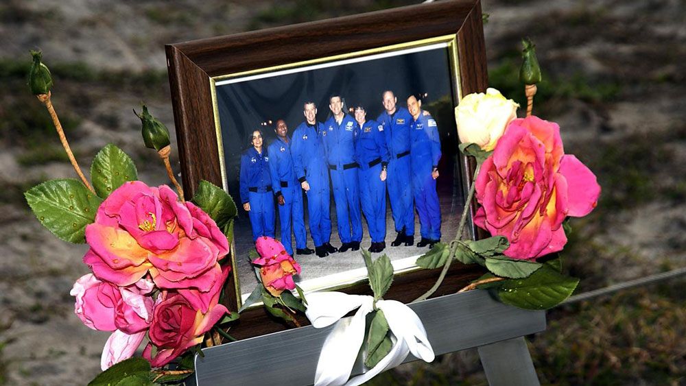 A makeshift memorial created by NASA employees at Kennedy Space Center, after Columbia broke apart. (NASA)