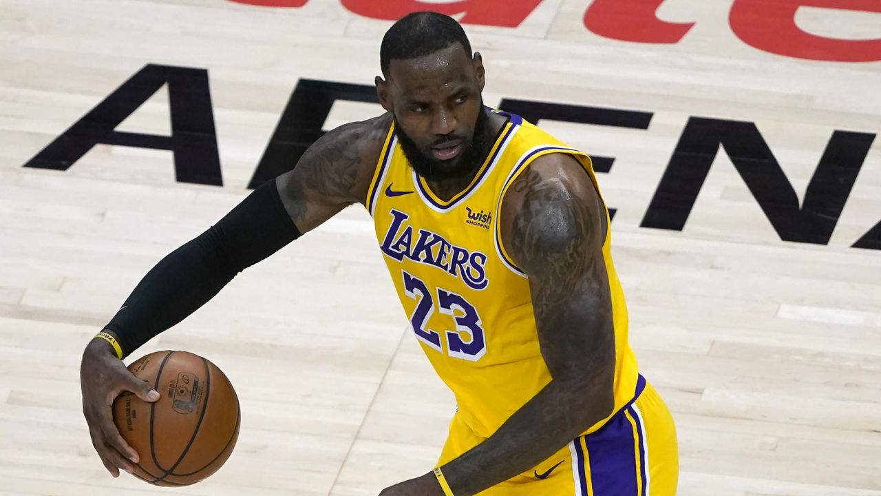Los Angeles Lakers forward LeBron James (23) is shown against the Atlanta Hawks in the second half of an NBA basketball game Monday, Feb. 1, 2021, in Atlanta. (AP Photo/John Bazemore)
