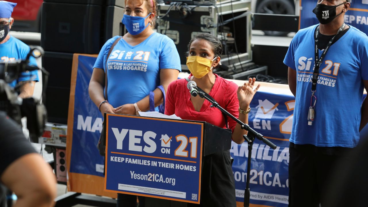 Nithya Raman, candidate for Los Angeles City Council, speaks at the "Celebrate Renters Rally!" hosted by California's Yes on 21 campaign on the grounds of Los Angeles City Hall on Tuesday, Sept. 8, 2020 in Downtown Los Angeles. (Mark Von Holden/AP Images for AIDS Healthcare Foundation)