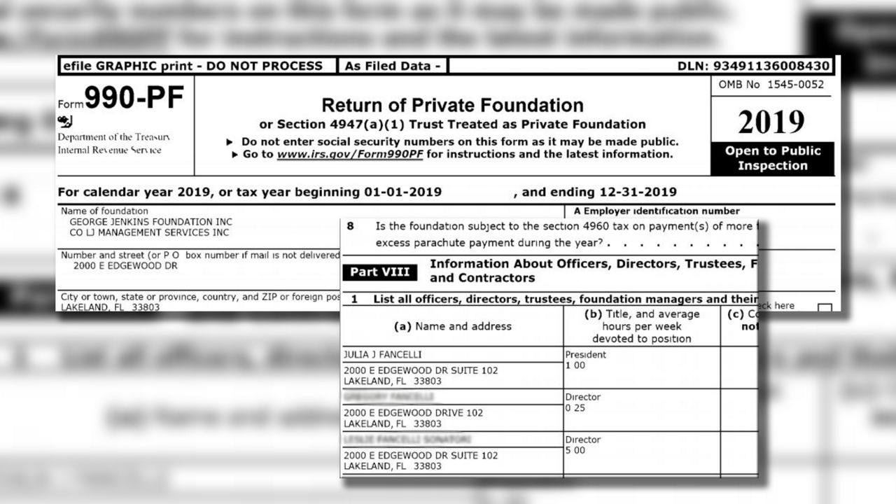 A 2019 Internal Revenue Service document shows Julia J. Fancelli as president of George Jenkins Foundation, Inc. (IRS records)