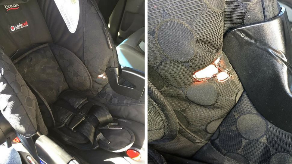 Images shared on Facebook of burn/hole caused by a baby's mirrored car seat. Amanda Kenny DeAngelis/Facebook