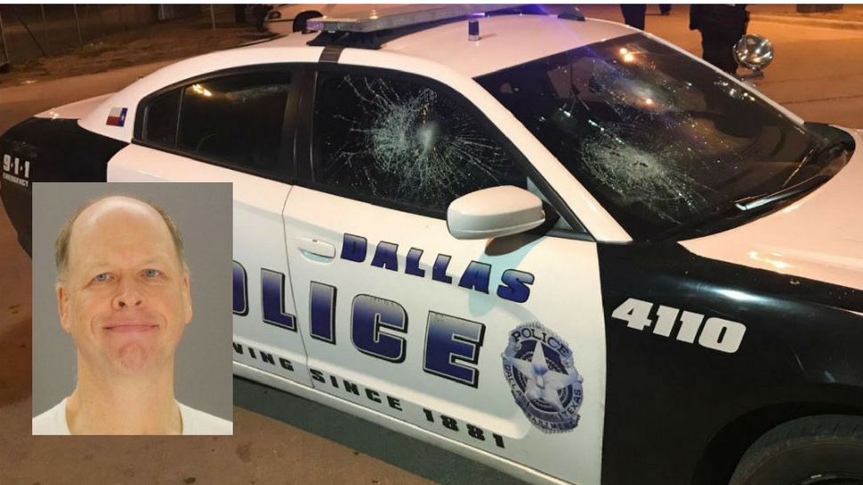 This photo provided by the Dallas County Sheriff's Department shows Gregory Simpson, of Dallas, who was arrested and charged after walking into a Dallas police substation parking lot and damaging 12 police cars with a sledgehammer on Sunday, Feb. 4, 2018. (Dallas County Sheriff's Department). Background image provided by the Dallas Police Association via Twitter of one of the damaged patrol cars.  