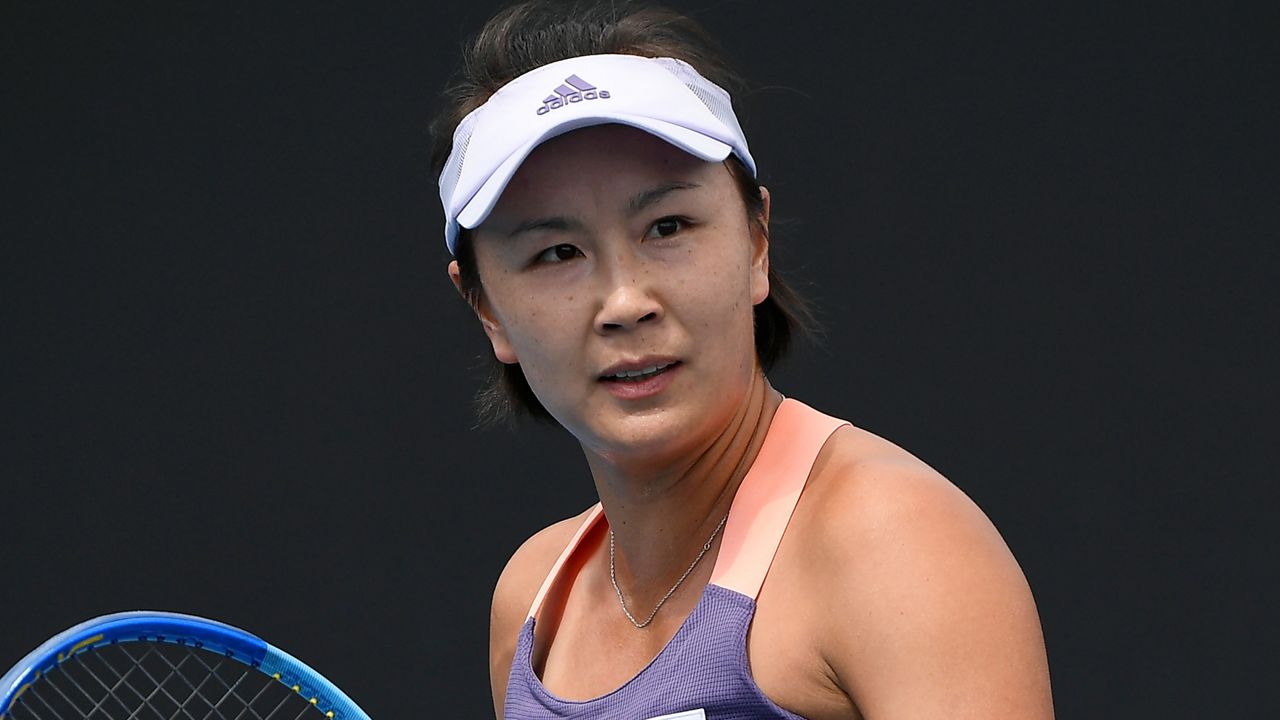 China's Peng Shuai reacts during her first round singles match against Japan's Nao Hibino at the Australian Open tennis championship in Melbourne, Australia on Jan. 21, 2020. (AP Photo/Andy Brownbill, File)