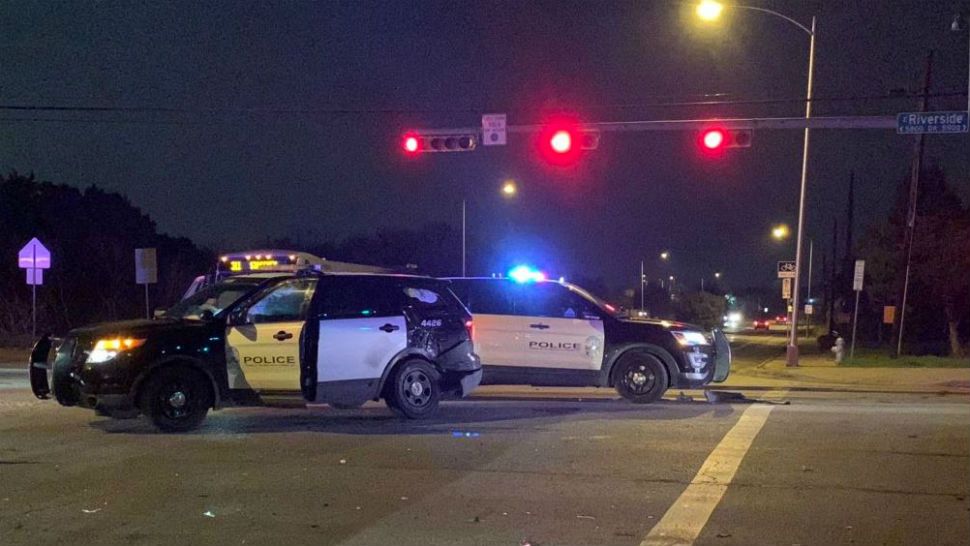 Austin police vehicles a the scene where a police officer was hit by a pickup truck. (Spectrum News/Carlos Garcia)