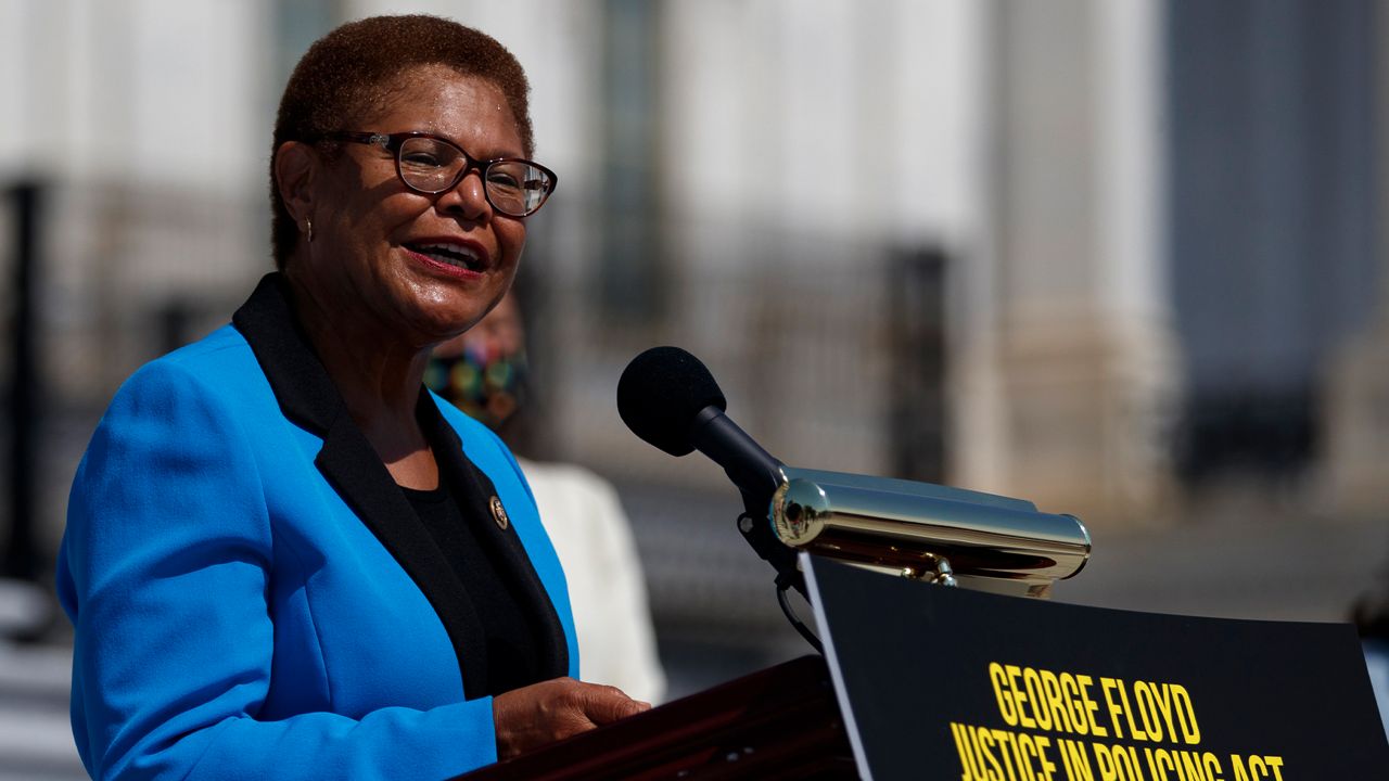 In this June 25, 2020, file photo, Rep. Karen Bass, D-Calif., speaks during a news conference on the House East Front Steps on Capitol Hill in Washington. (AP Photo/Carolyn Kaster)