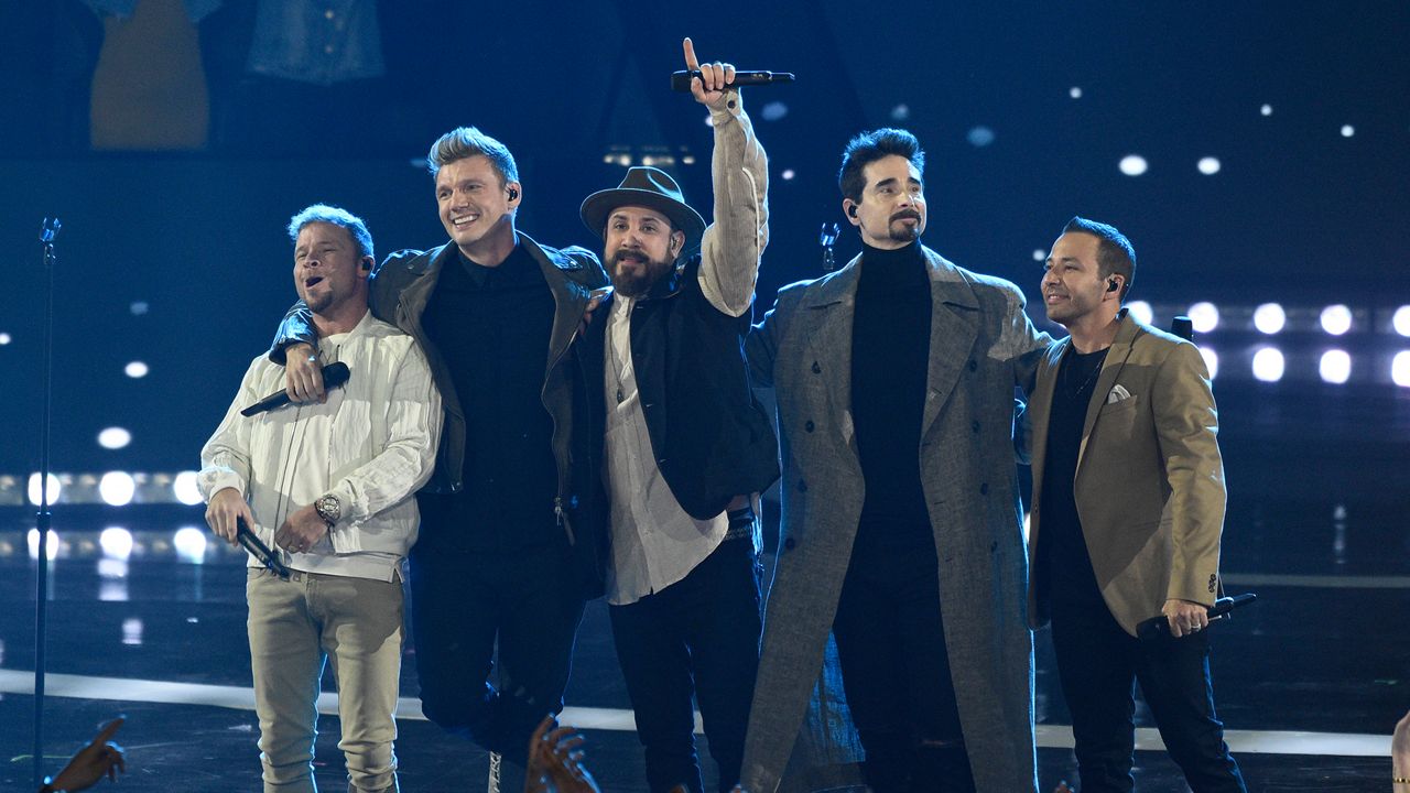 Brian Littrell, from left, Nick Carter, AJ McLean, Kevin Richardson and Howie Dorough, of Backstreet Boys, greet the audience after performing at the iHeartRadio Music Awards on Thursday, March 14, 2019, at the Microsoft Theater in Los Angeles. (Photo by Chris Pizzello/Invision/AP)