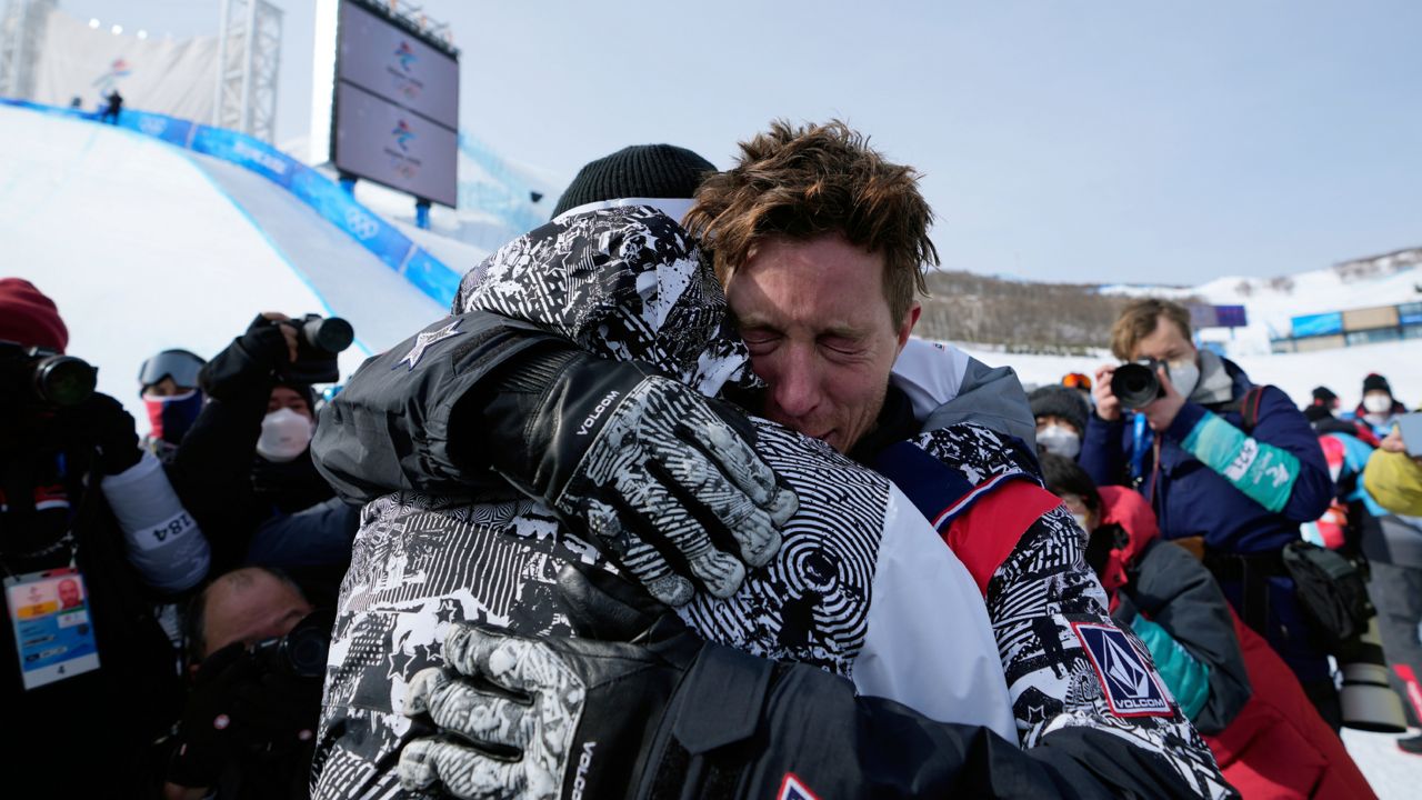 United States' Shaun White gets emotional after the men's halfpipe finals at the 2022 Winter Olympics, Friday, Feb. 11, 2022, in Zhangjiakou, China. (AP Photo/Lee Jin-man)