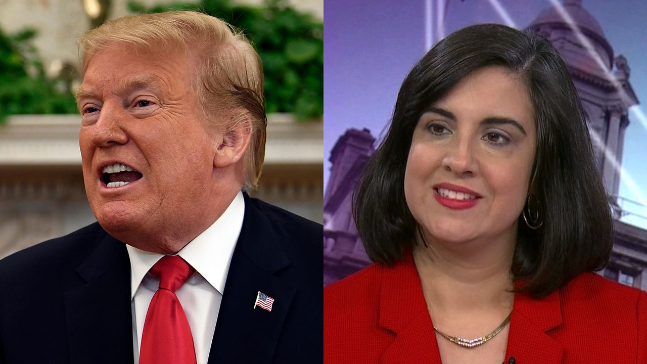 President Donald Trump, left, wearing a black suit jacket, a white dress shirt, a red tie, and an American flag pin near his left shoulder, sits in the Oval Office. Nicole Malliotakis, right, wears a silver necklace and a red blazer while sitting against a purple background on the set of NY1 political show "Inside City Hall."