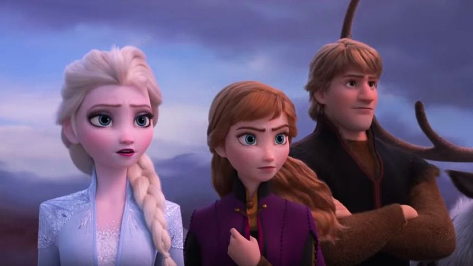 Queen Elsa, Princess Anna and Kristoff in a scene from Disney's Frozen 2 (Courtesy of Walt Disney Animation Studios)