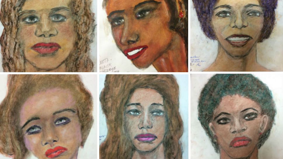 The Federal Bureau of Investigation released sketches from Samuel Little of the 90 women he admitted to killing. Top left woman from Mississippi, top center possible college student victim, top right Houston victim, bottom left woman in her 20s, bottom middle Las Vegas victim, bottom right Wichita Falls victim (Courtesy: FBI)